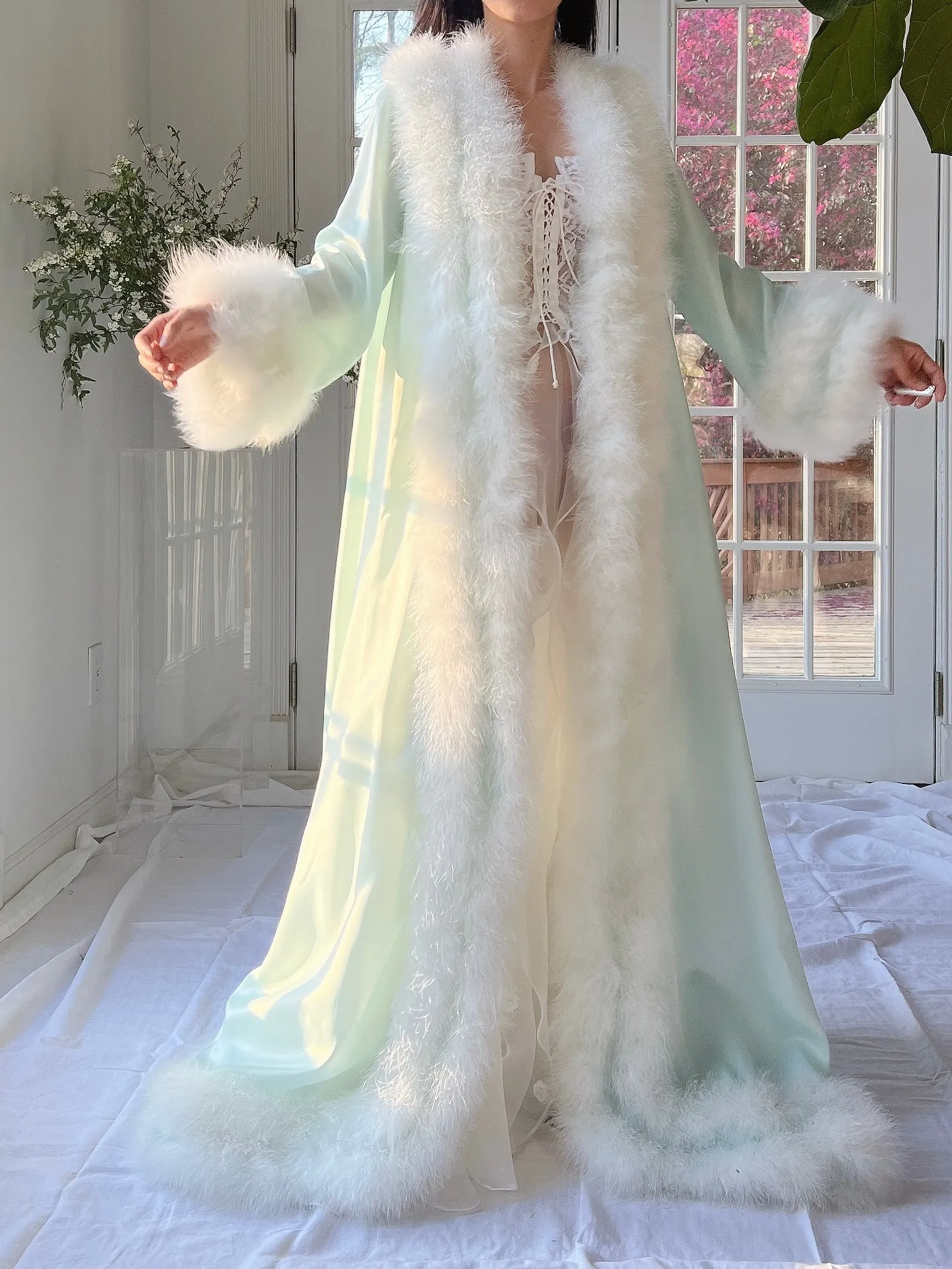 1960s Satin Feather Dressing Gown - OSFM