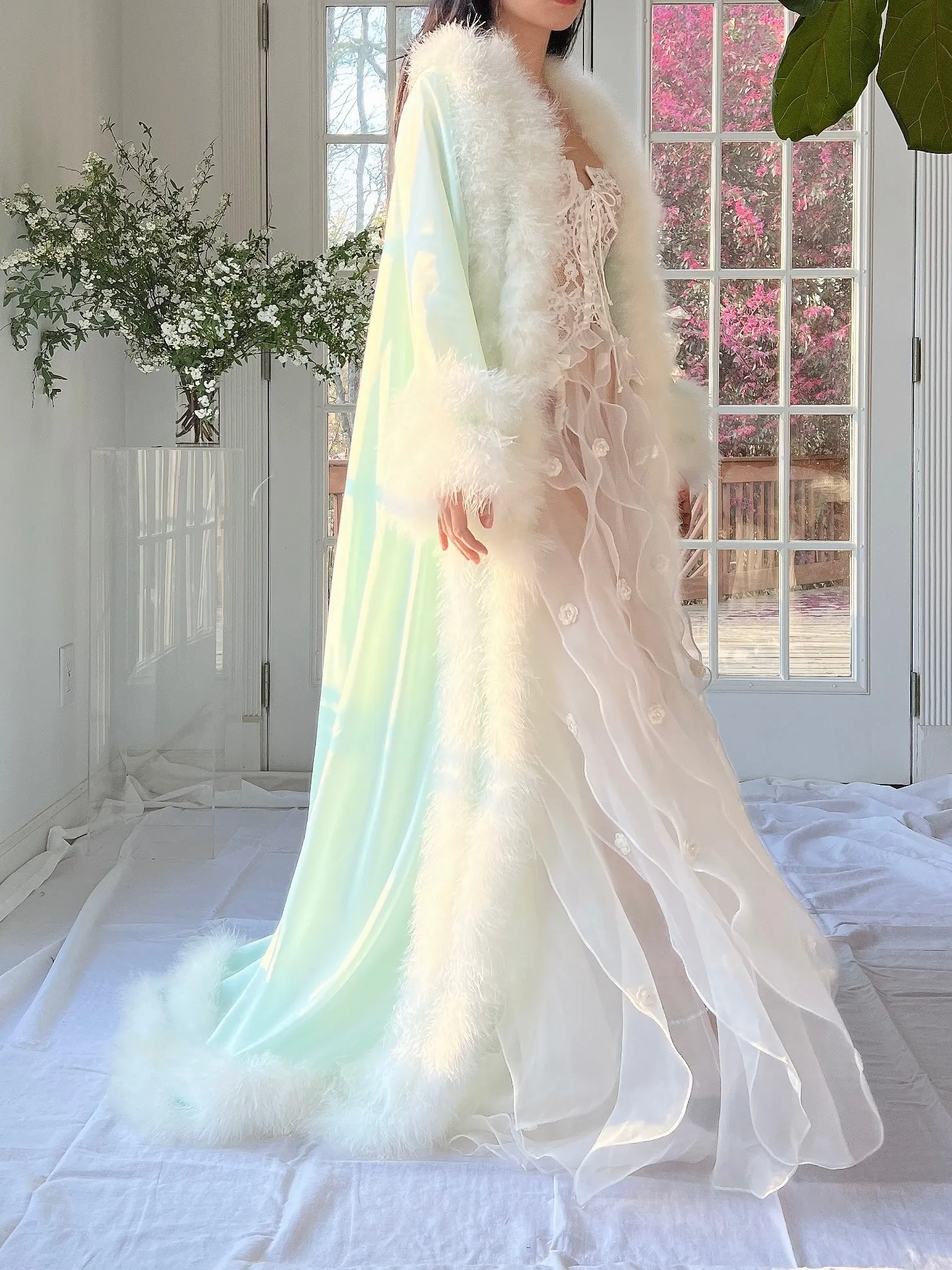 1960s Satin Feather Dressing Gown - OSFM