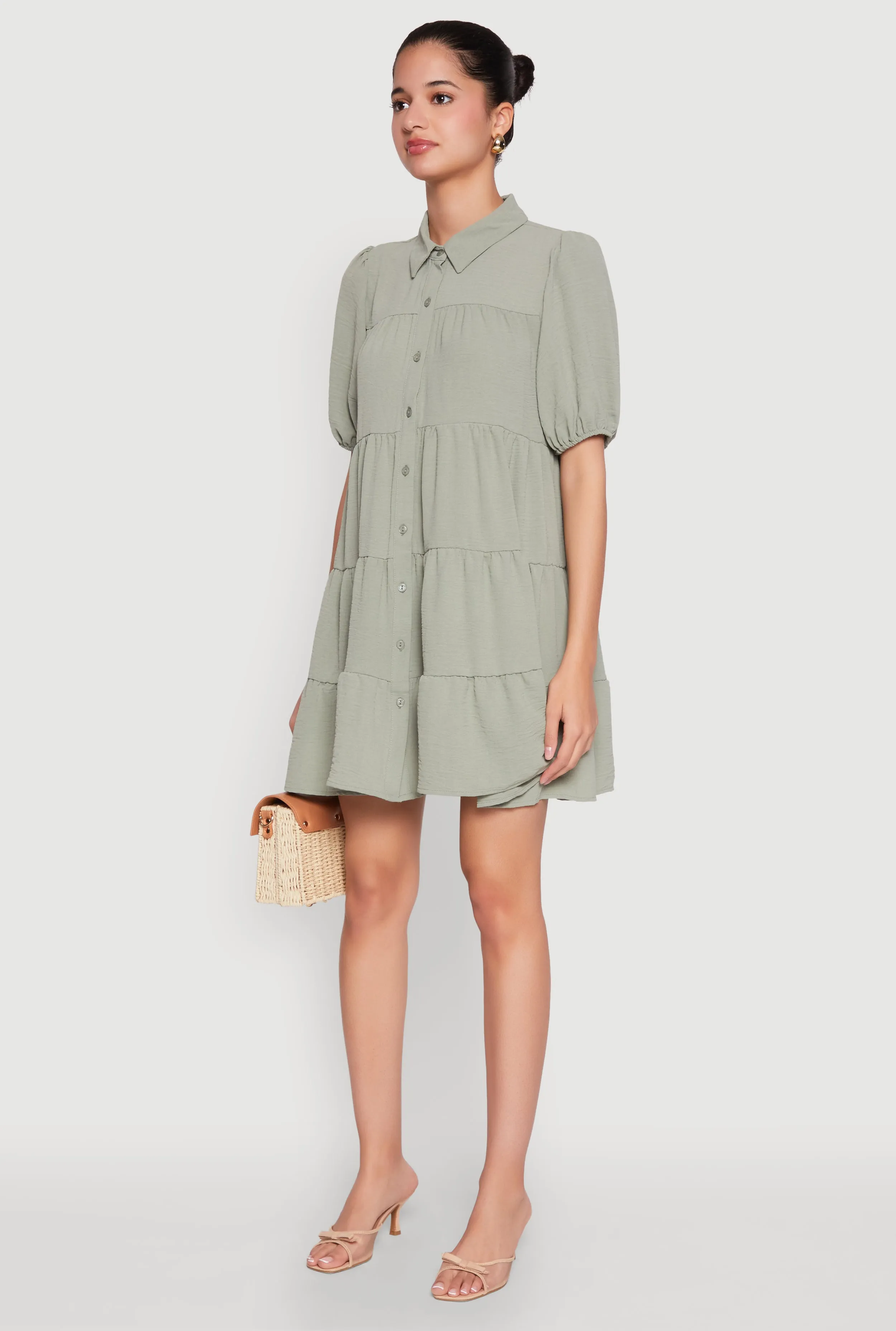 Airy Button Front Tiered Mini Dress
