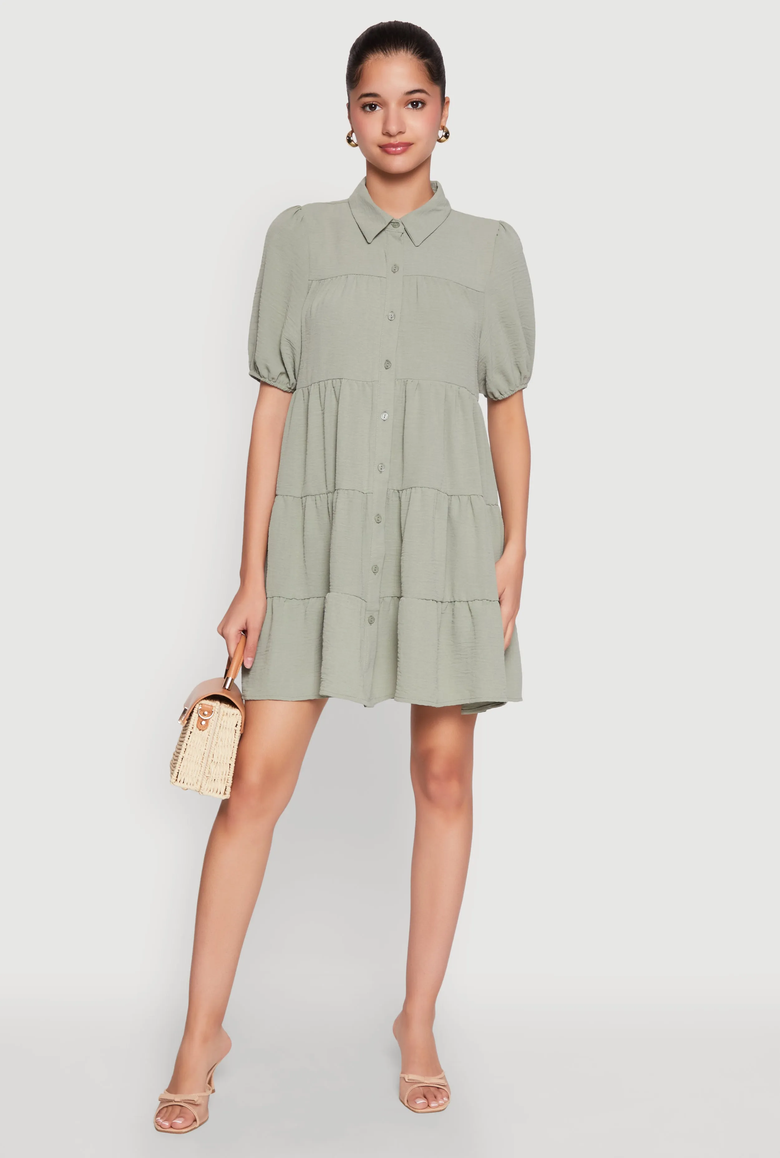 Airy Button Front Tiered Mini Dress