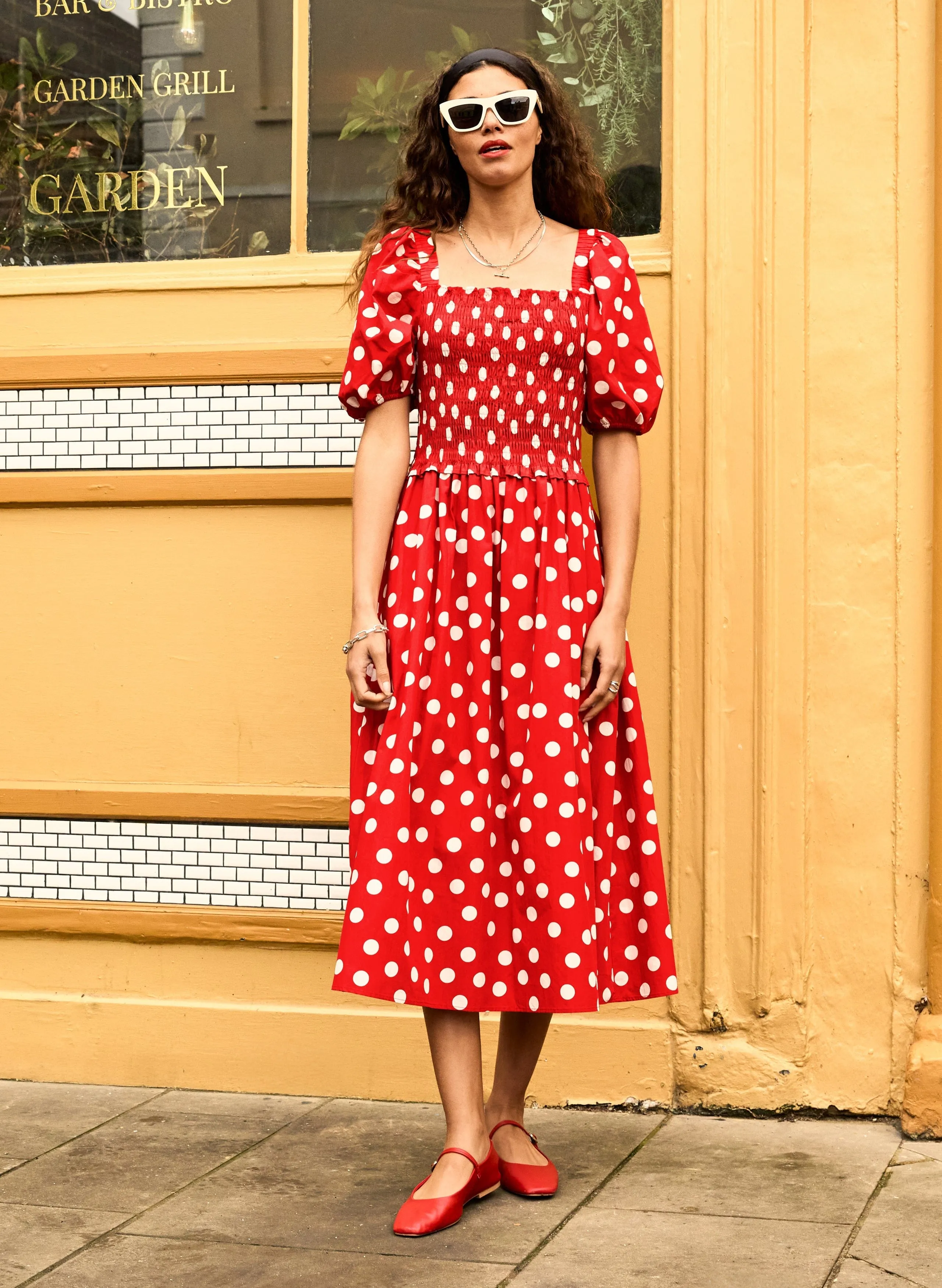 Alicia Organic Cotton Smock Midi Dress | Crimson Polka