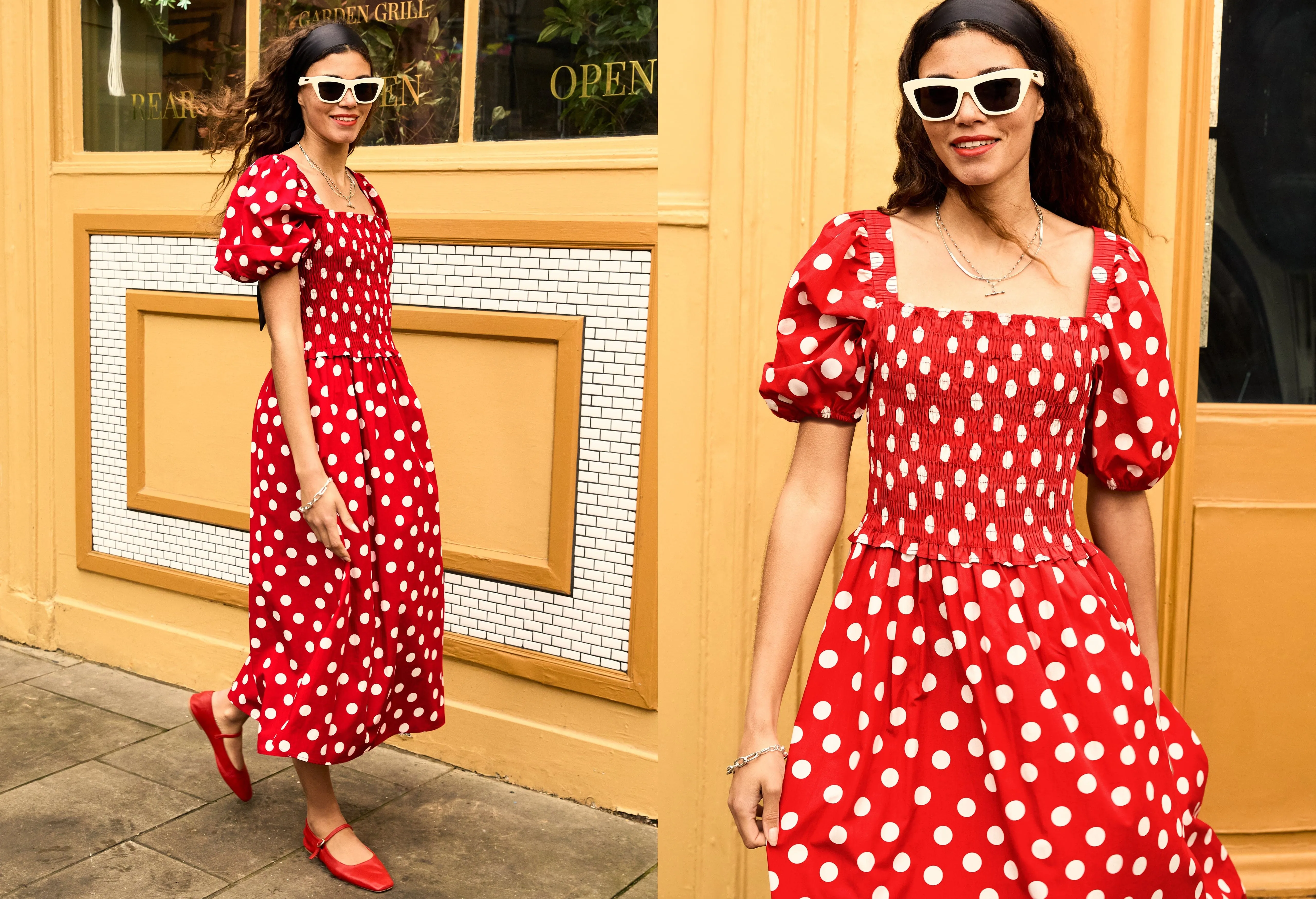 Alicia Organic Cotton Smock Midi Dress | Crimson Polka