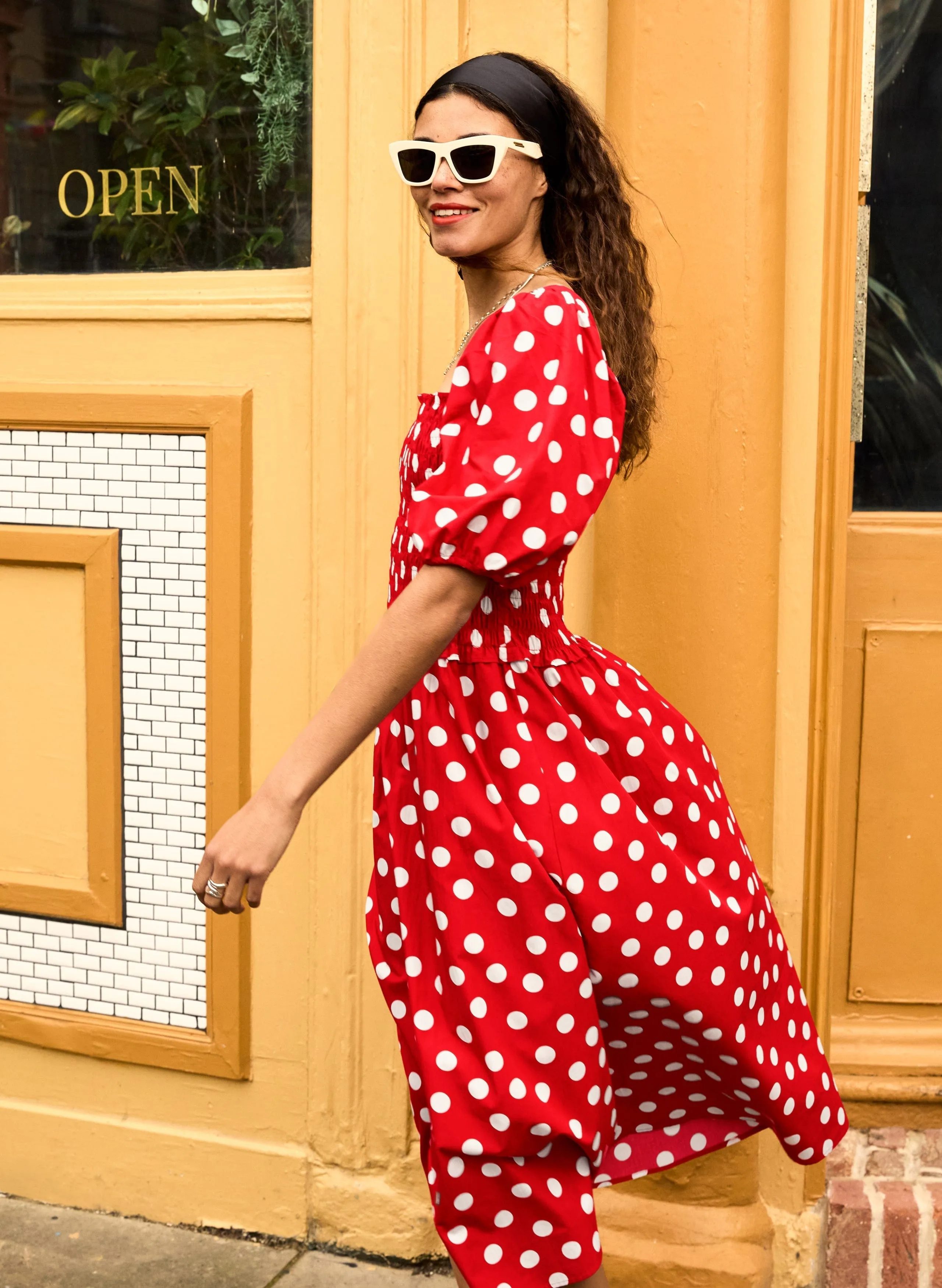 Alicia Organic Cotton Smock Midi Dress | Crimson Polka