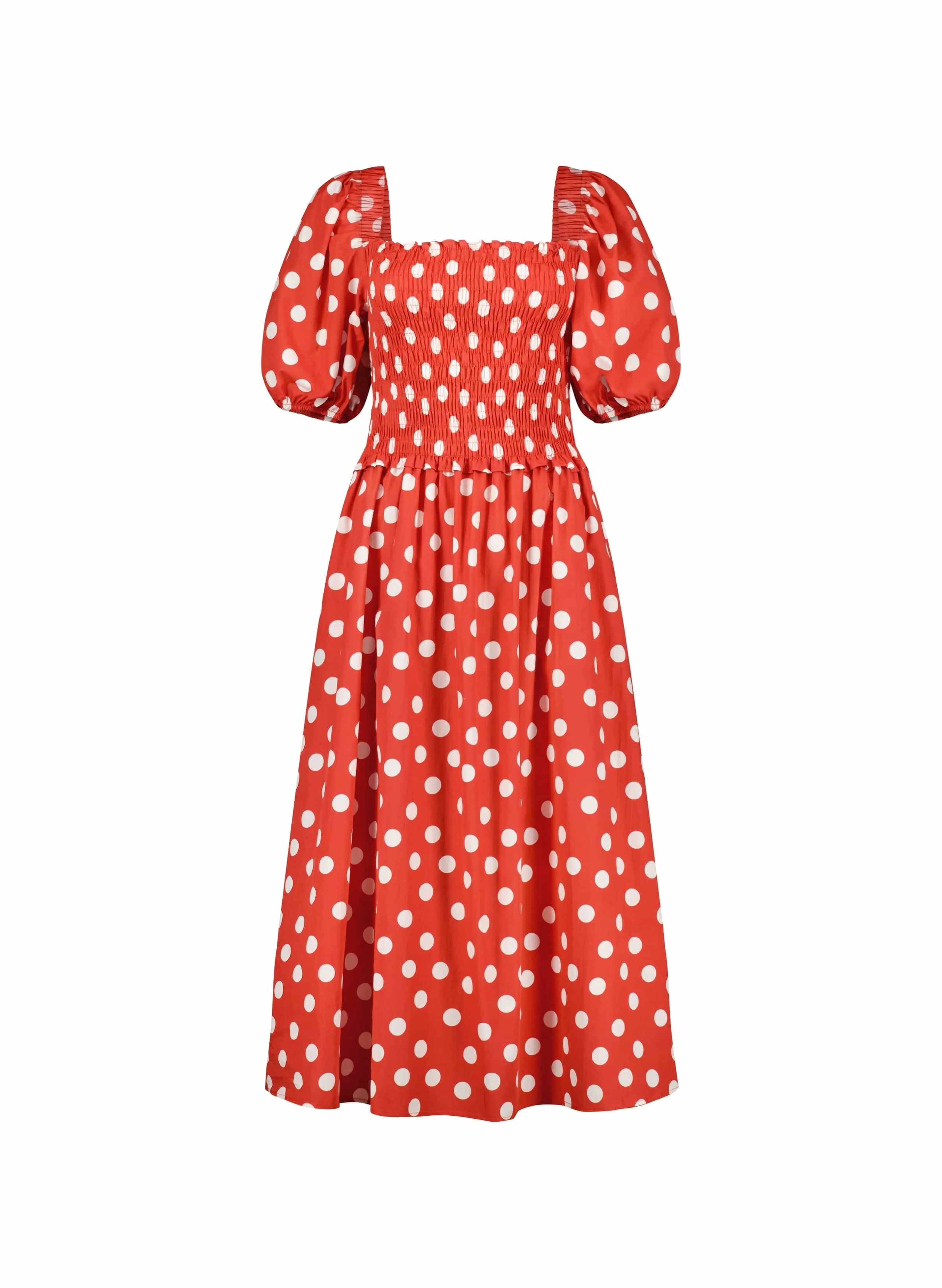 Alicia Organic Cotton Smock Midi Dress | Crimson Polka