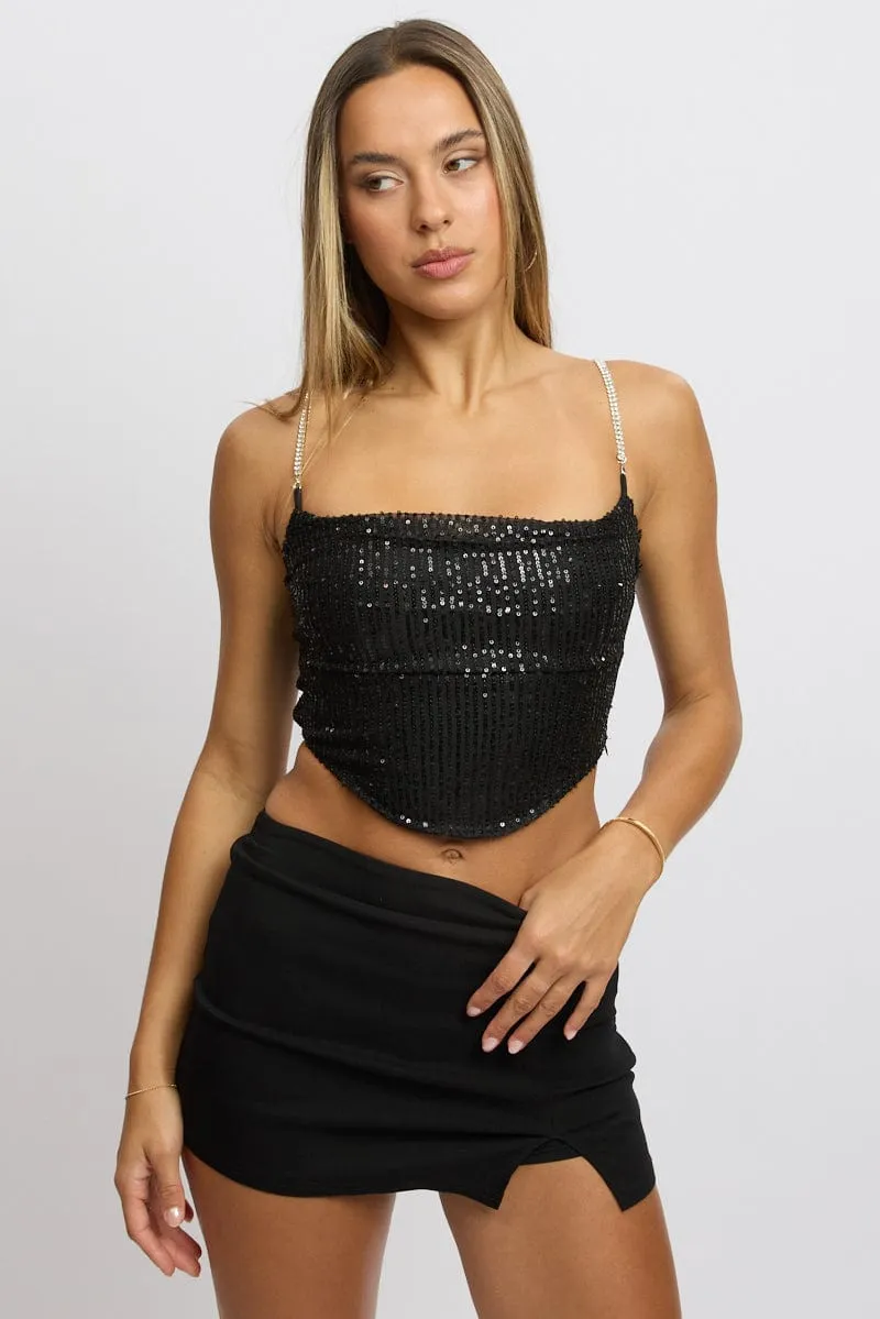 Black Cami Top Cowl Neck Metallic