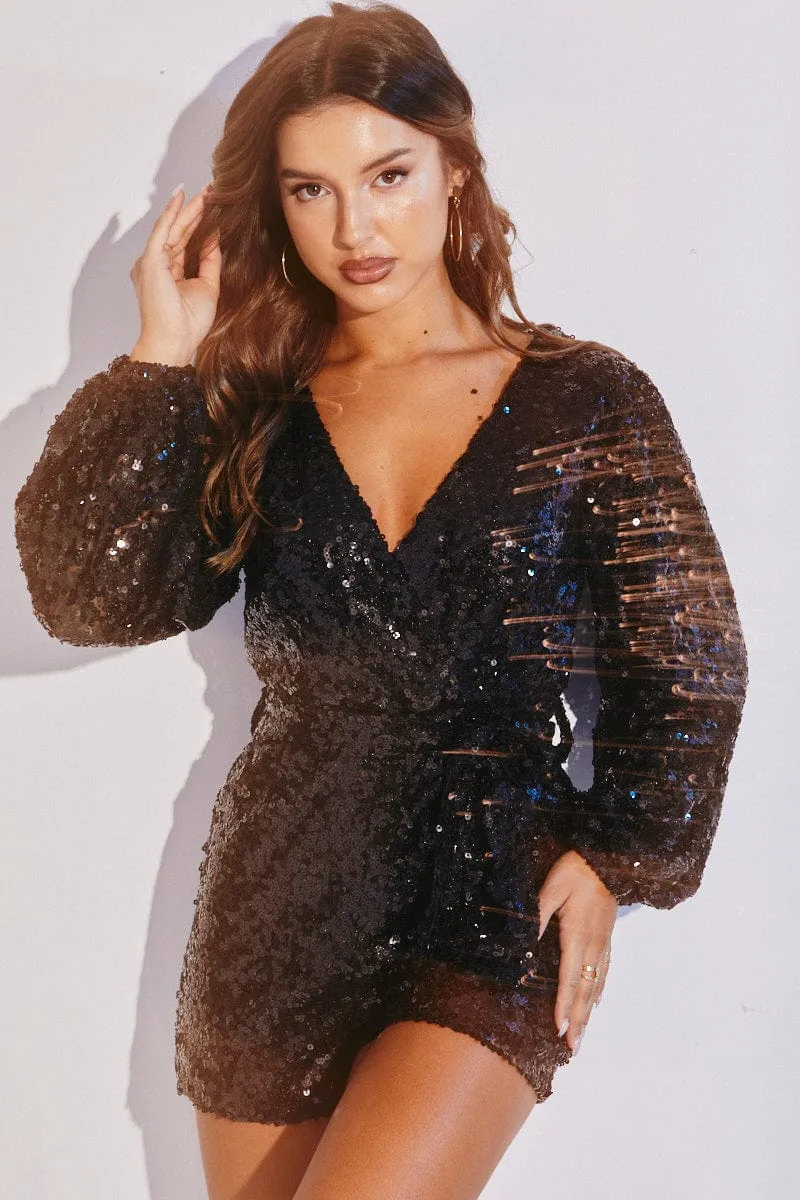 Black Sequin Playsuit Long Sleeve V Neck Mesh
