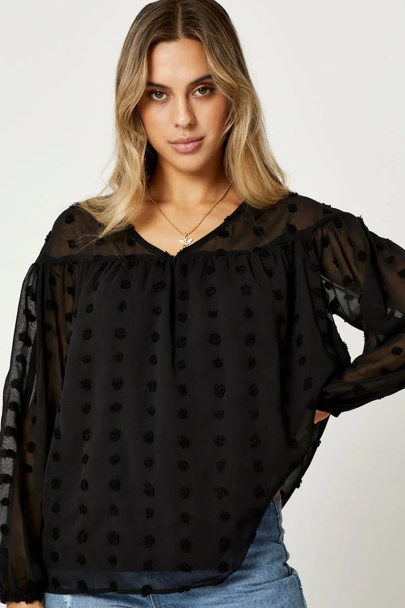 Black Swiss Dot Smock Top