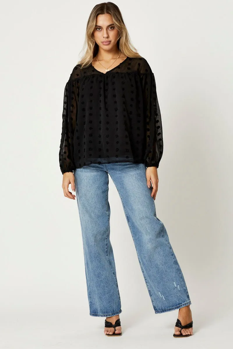 Black Swiss Dot Smock Top