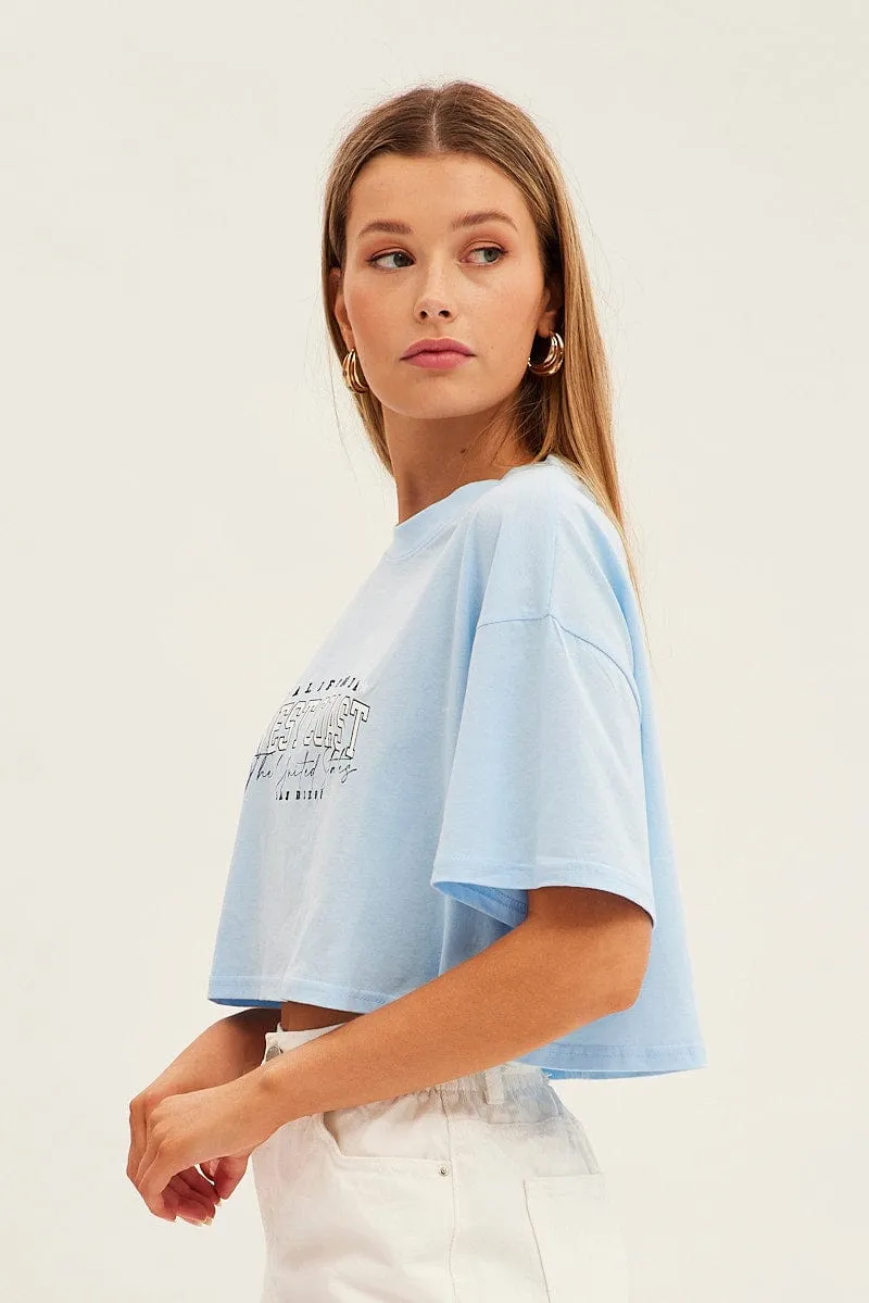 Blue Graphic T-Shirt Crop West Coast Crew Short Sleeve