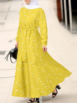 Bohemian Floral Print O-neck Lace Up Long Sleeve Button Belted Women Maxi Dress
