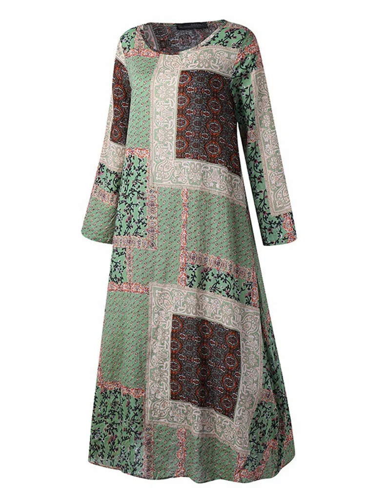 Bohemian Print Cotton Long Sleeve Vintage Women Maxi Dress