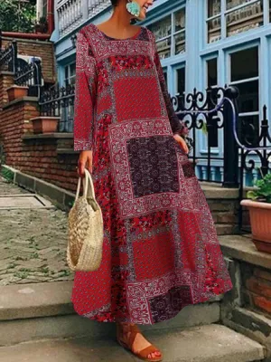 Bohemian Print Cotton Long Sleeve Vintage Women Maxi Dress