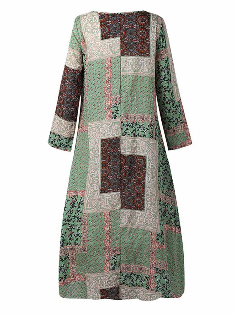 Bohemian Print Cotton Long Sleeve Vintage Women Maxi Dress