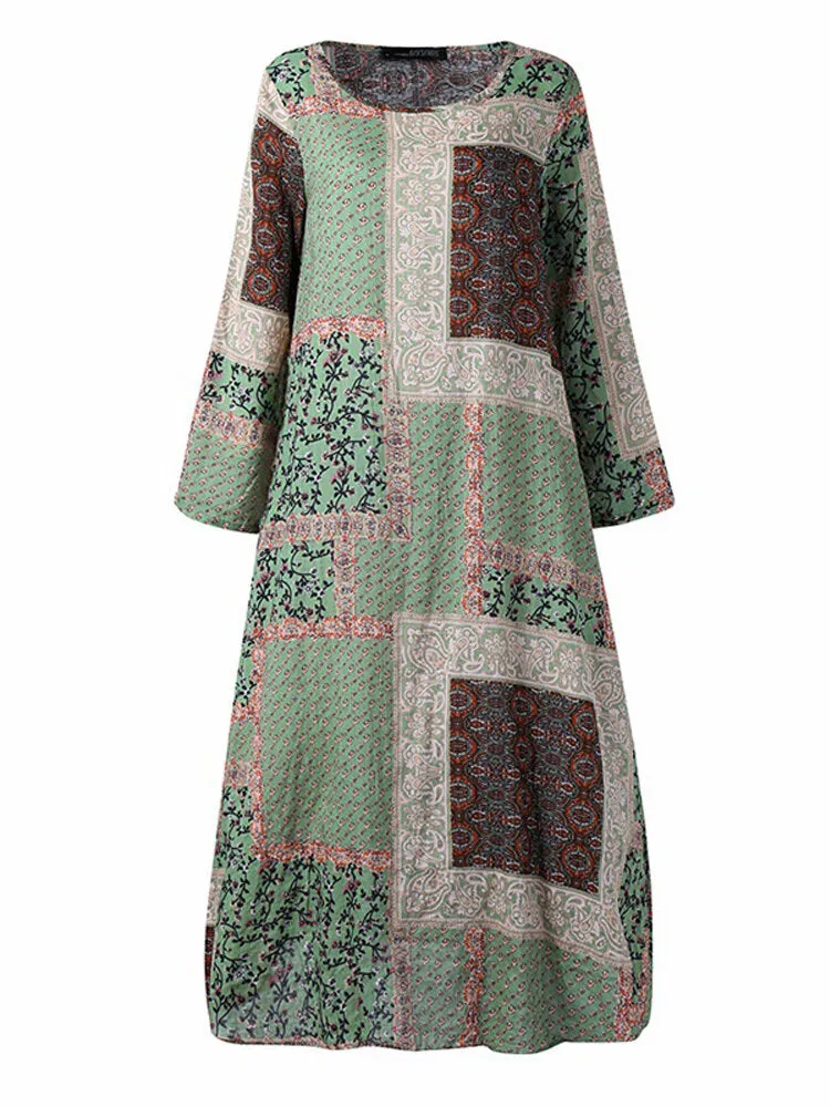 Bohemian Print Cotton Long Sleeve Vintage Women Maxi Dress