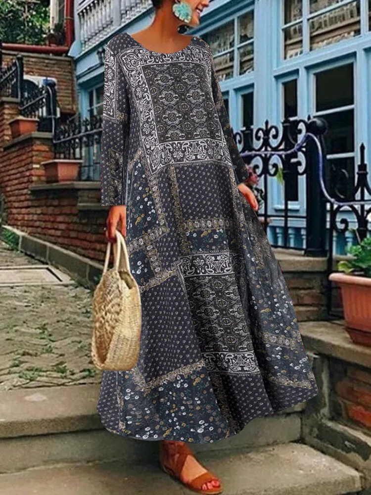 Bohemian Print Cotton Long Sleeve Vintage Women Maxi Dress