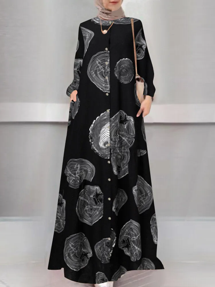 Bohemian Print O-neck Long Sleeve Buttons Kaftan Retro Shirt Pocket Women Maxi Dress