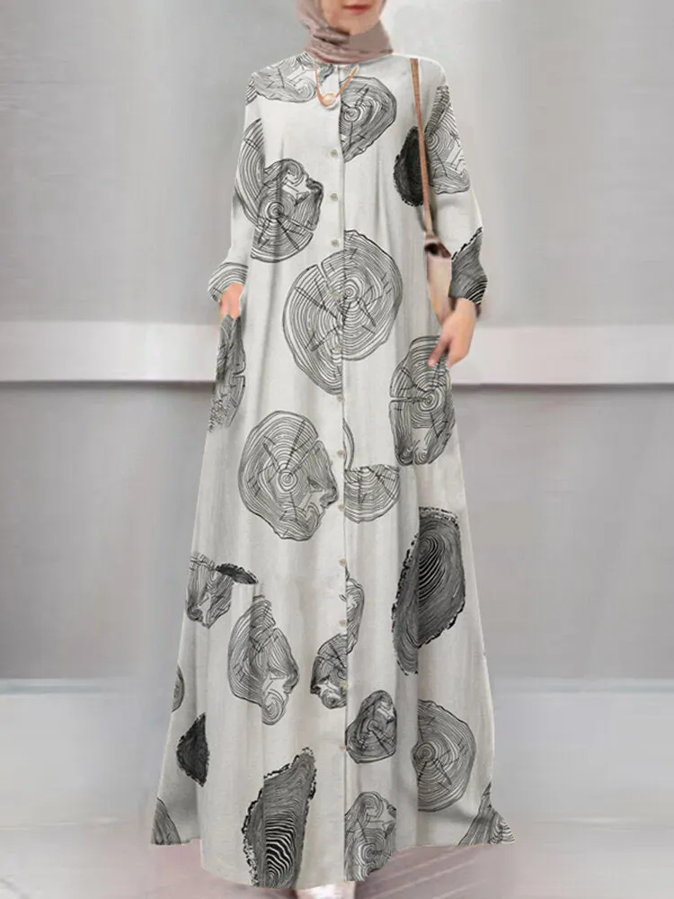 Bohemian Print O-neck Long Sleeve Buttons Kaftan Retro Shirt Pocket Women Maxi Dress