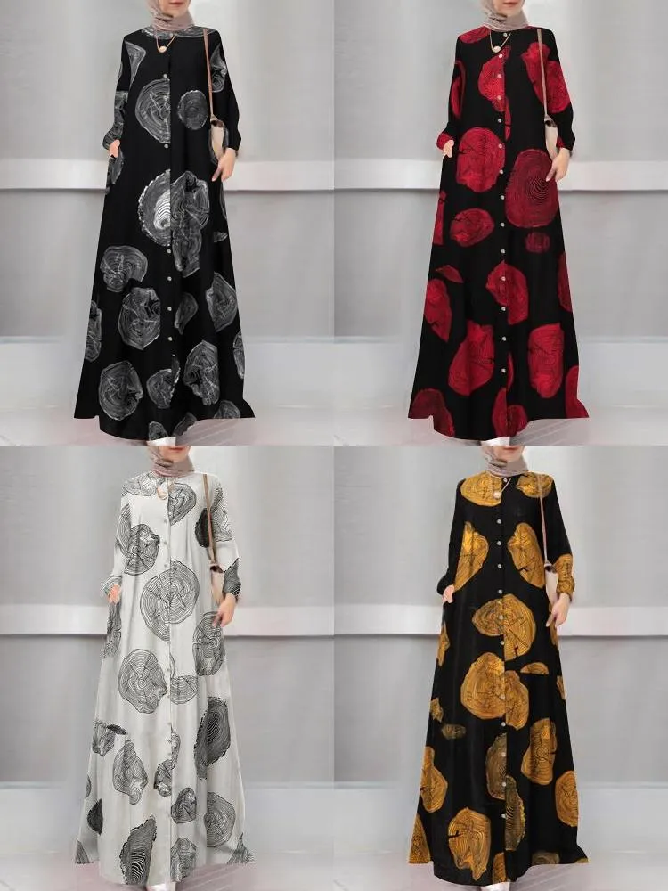 Bohemian Print O-neck Long Sleeve Buttons Kaftan Retro Shirt Pocket Women Maxi Dress