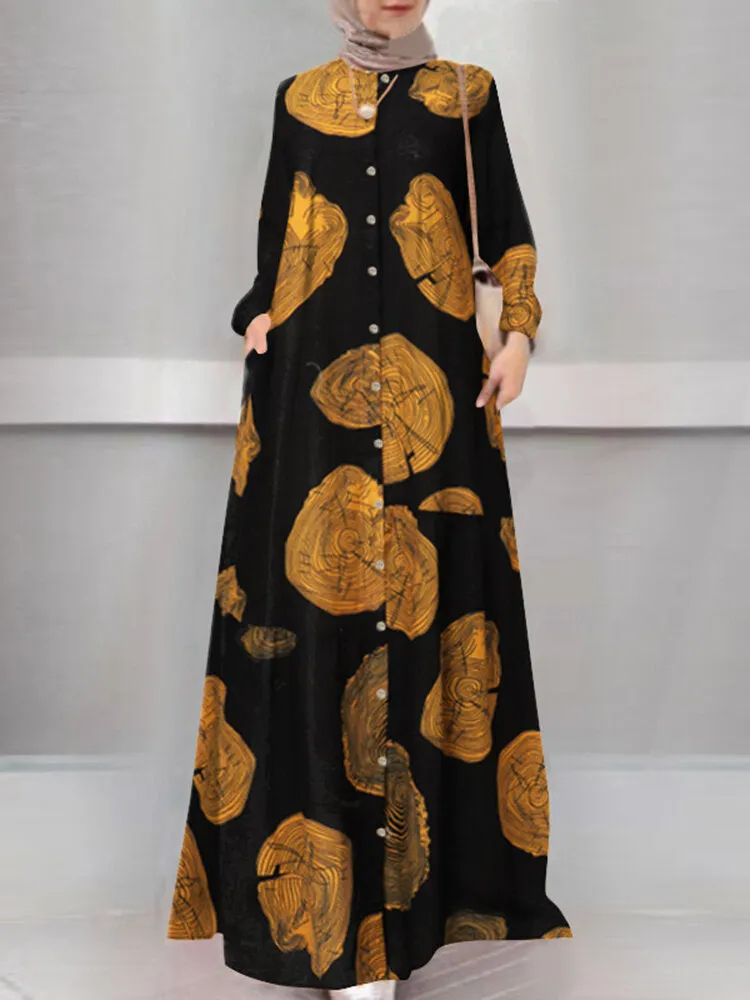Bohemian Print O-neck Long Sleeve Buttons Kaftan Retro Shirt Pocket Women Maxi Dress