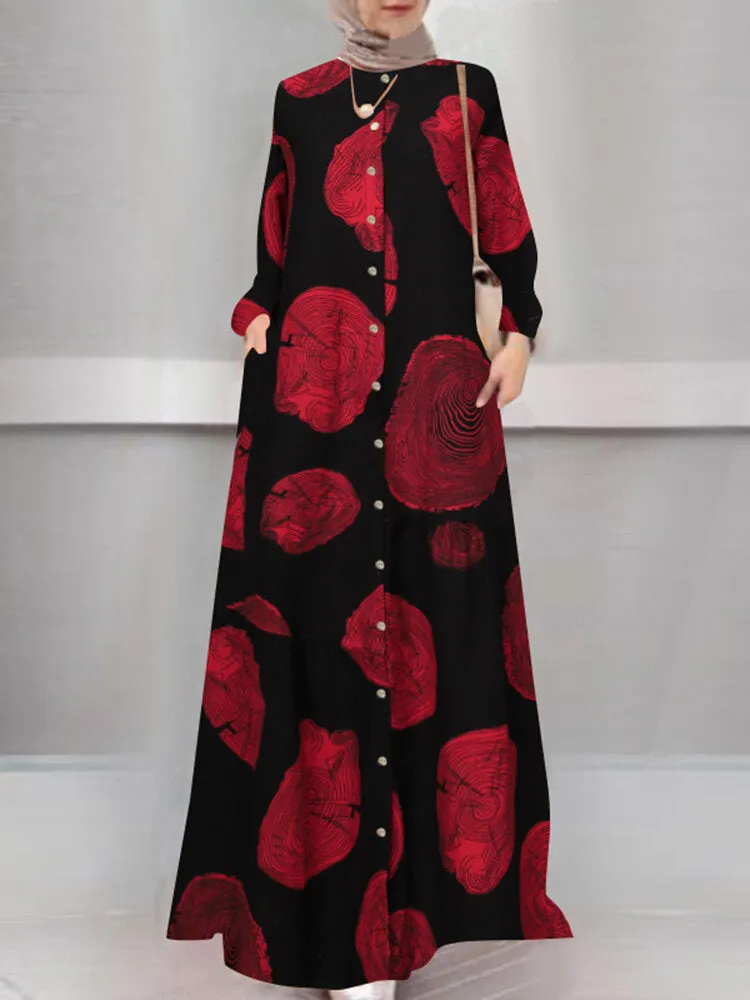 Bohemian Print O-neck Long Sleeve Buttons Kaftan Retro Shirt Pocket Women Maxi Dress