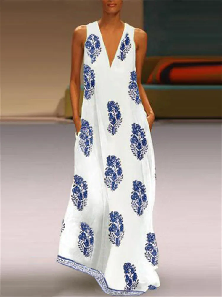 Bohemian Women V Neck Floral Print Sleeveless Maxi Dress