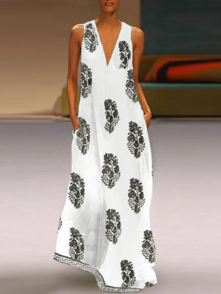 Bohemian Women V Neck Floral Print Sleeveless Maxi Dress