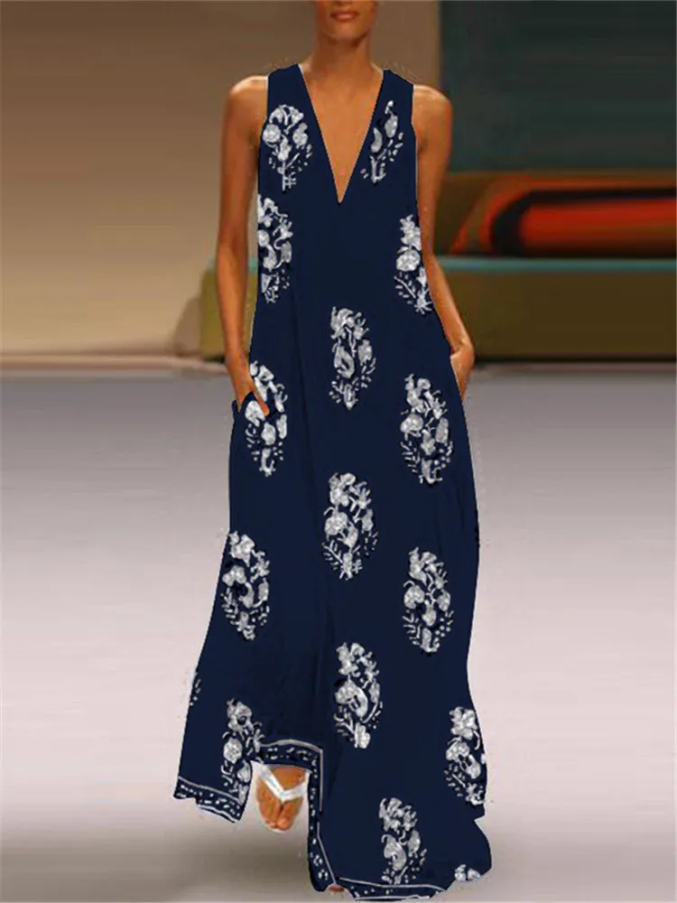 Bohemian Women V Neck Floral Print Sleeveless Maxi Dress