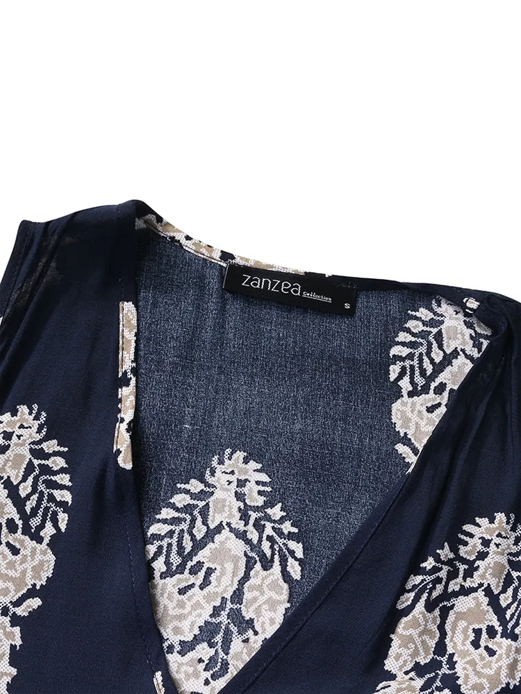 Bohemian Women V Neck Floral Print Sleeveless Maxi Dress