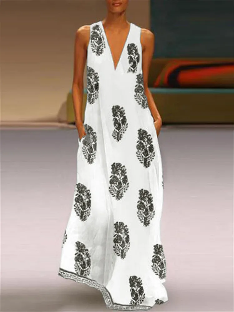 Bohemian Women V Neck Floral Print Sleeveless Maxi Dress