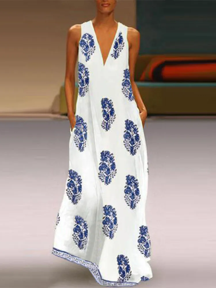 Bohemian Women V Neck Floral Print Sleeveless Maxi Dress