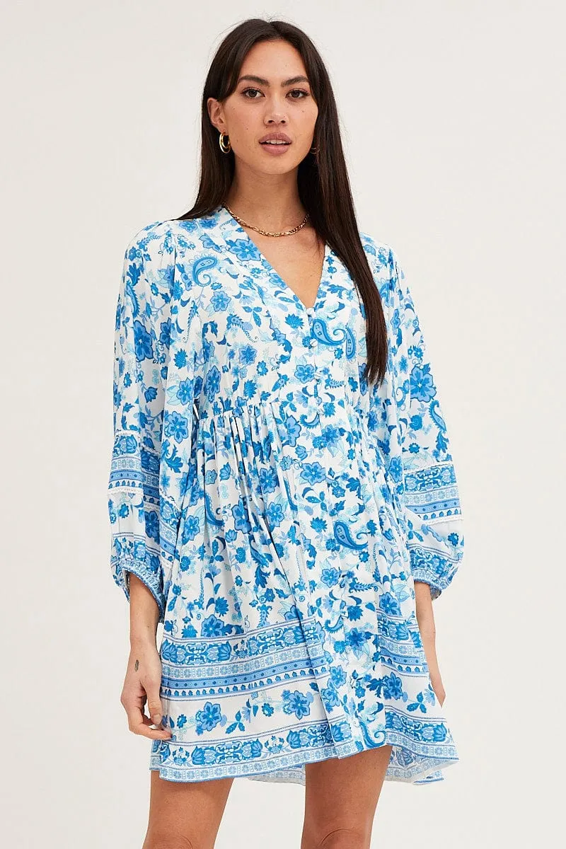 Boho Print Smock Dress Long Sleeve Mini V Neck