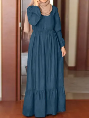 Button Down Front Elastic Waist Pure Color Layered Women Maxi Dress