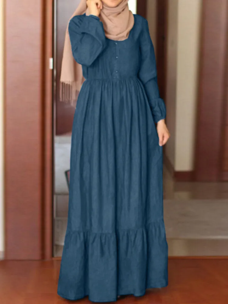 Button Down Front Elastic Waist Pure Color Layered Women Maxi Dress