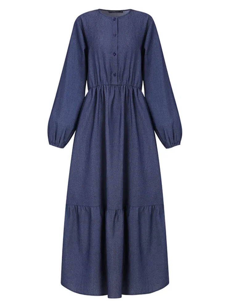 Button Down Front Elastic Waist Pure Color Layered Women Maxi Dress