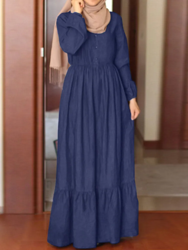 Button Down Front Elastic Waist Pure Color Layered Women Maxi Dress