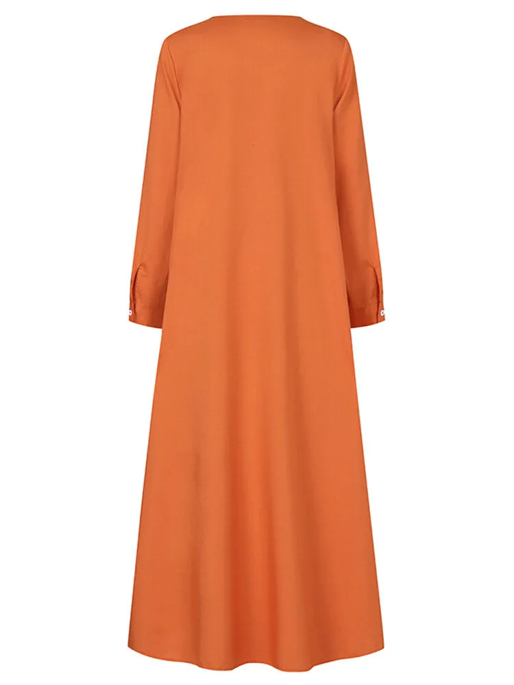 Button Front Kaftan Robe Long Sleeve Shirt Pocket Women Maxi Dress