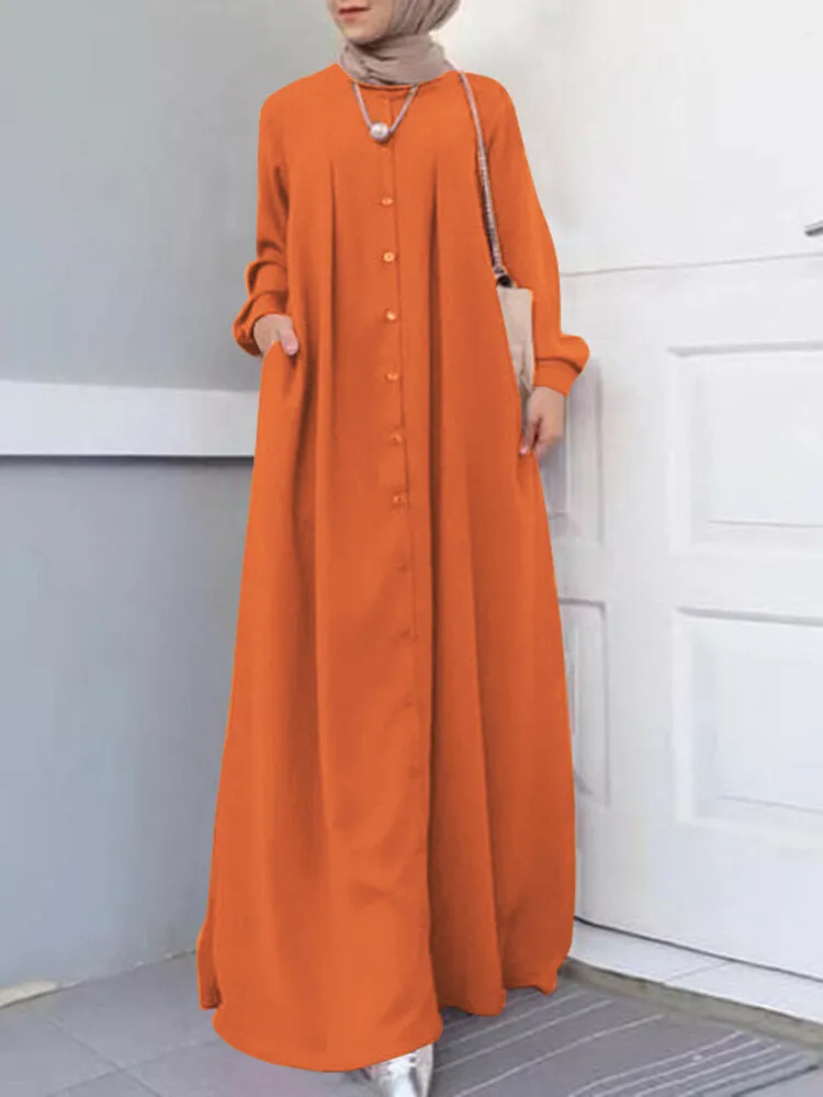Button Front Kaftan Robe Long Sleeve Shirt Pocket Women Maxi Dress