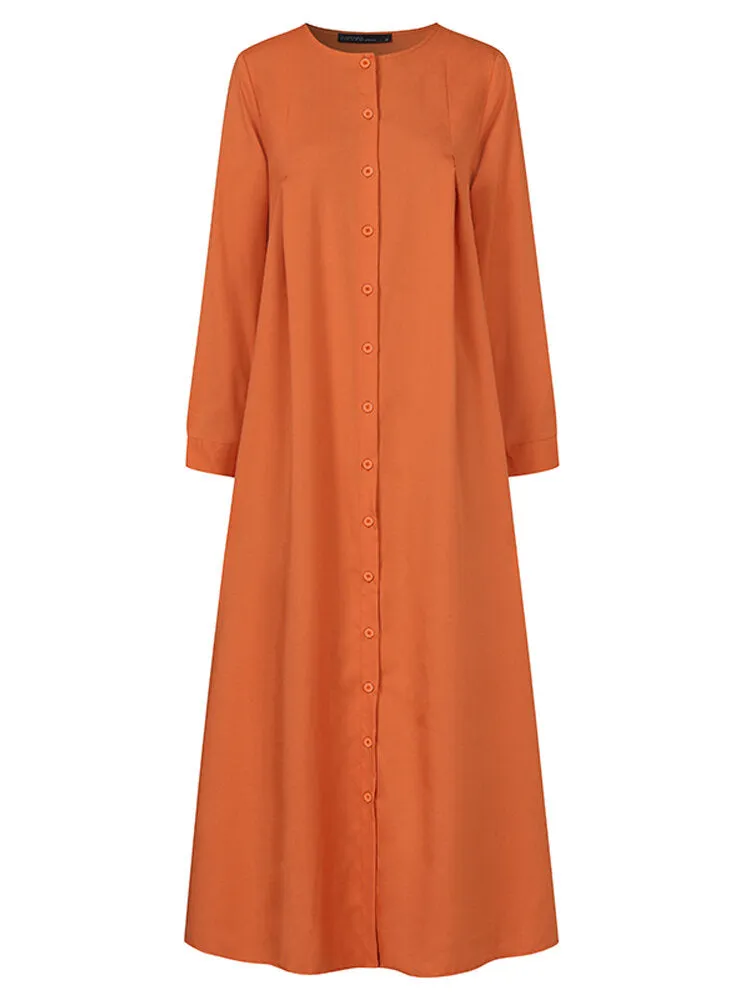 Button Front Kaftan Robe Long Sleeve Shirt Pocket Women Maxi Dress