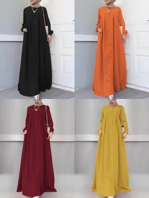 Button Front Kaftan Robe Long Sleeve Shirt Pocket Women Maxi Dress