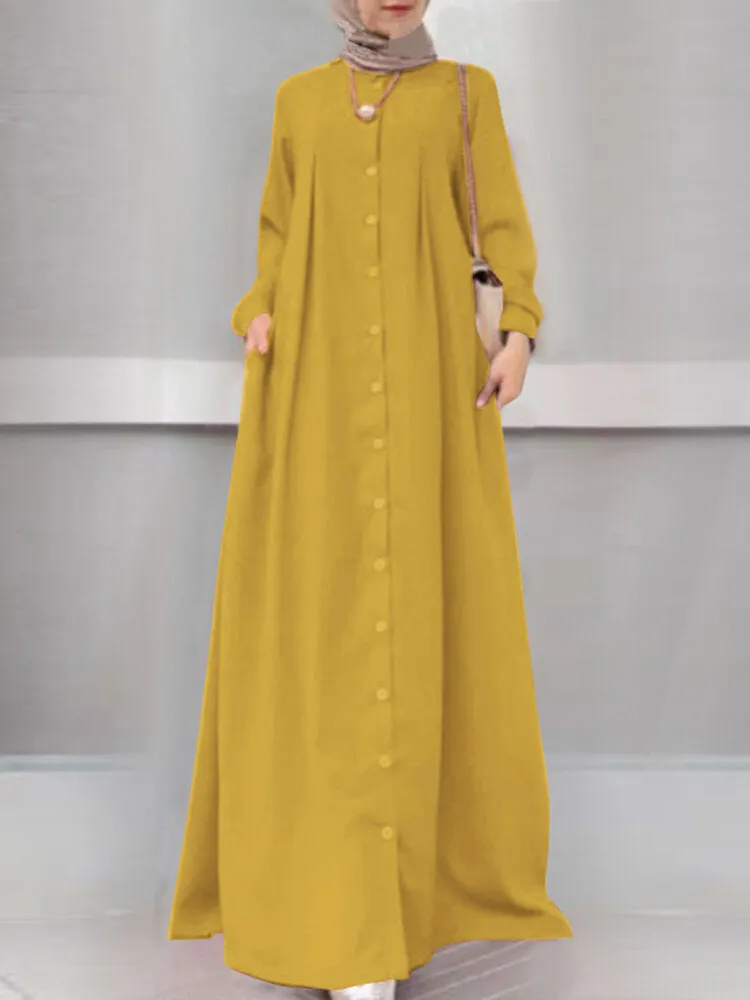 Button Front Kaftan Robe Long Sleeve Shirt Pocket Women Maxi Dress