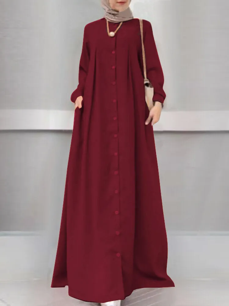 Button Front Kaftan Robe Long Sleeve Shirt Pocket Women Maxi Dress
