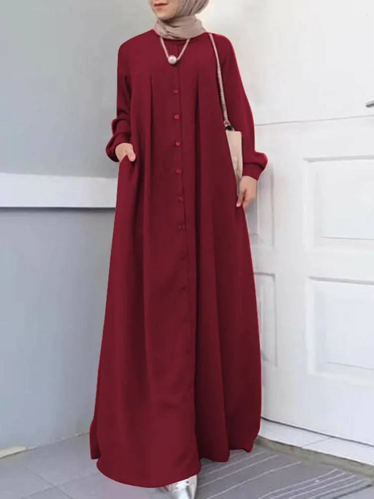 Button Front Kaftan Robe Long Sleeve Shirt Pocket Women Maxi Dress