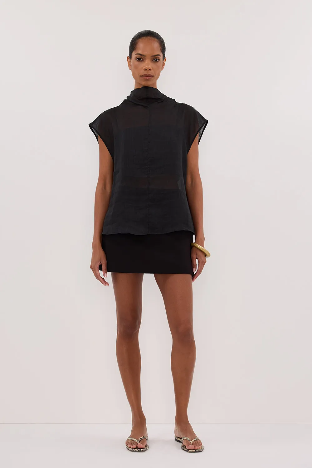 CARMEL BLACK RAMIE FUNNEL NECK TOP