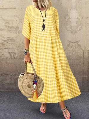 Casual Loose Plaid Print O-neck Half Sleeve Women Maxi Dress