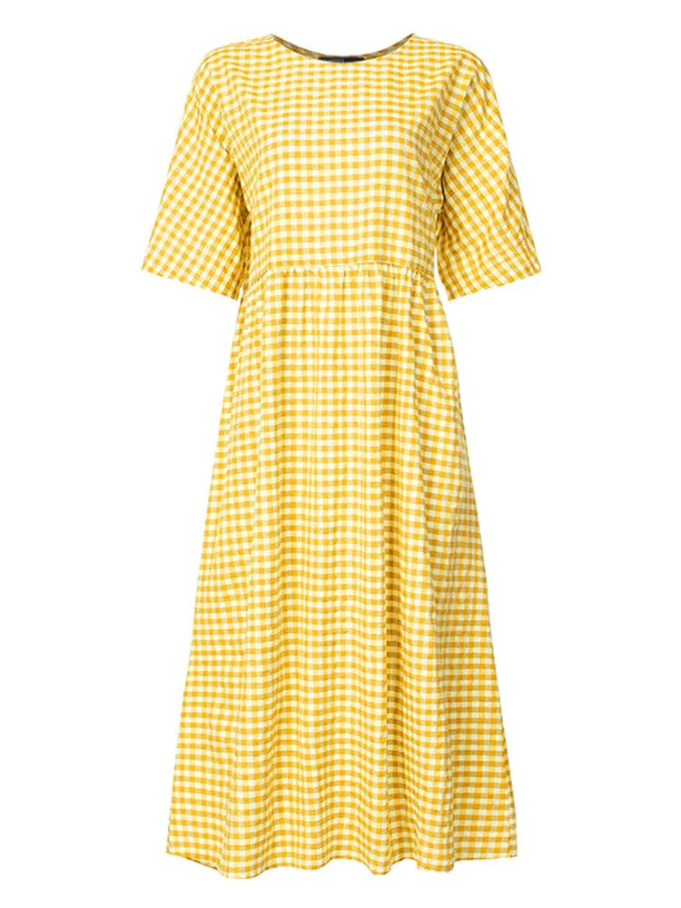 Casual Loose Plaid Print O-neck Half Sleeve Women Maxi Dress