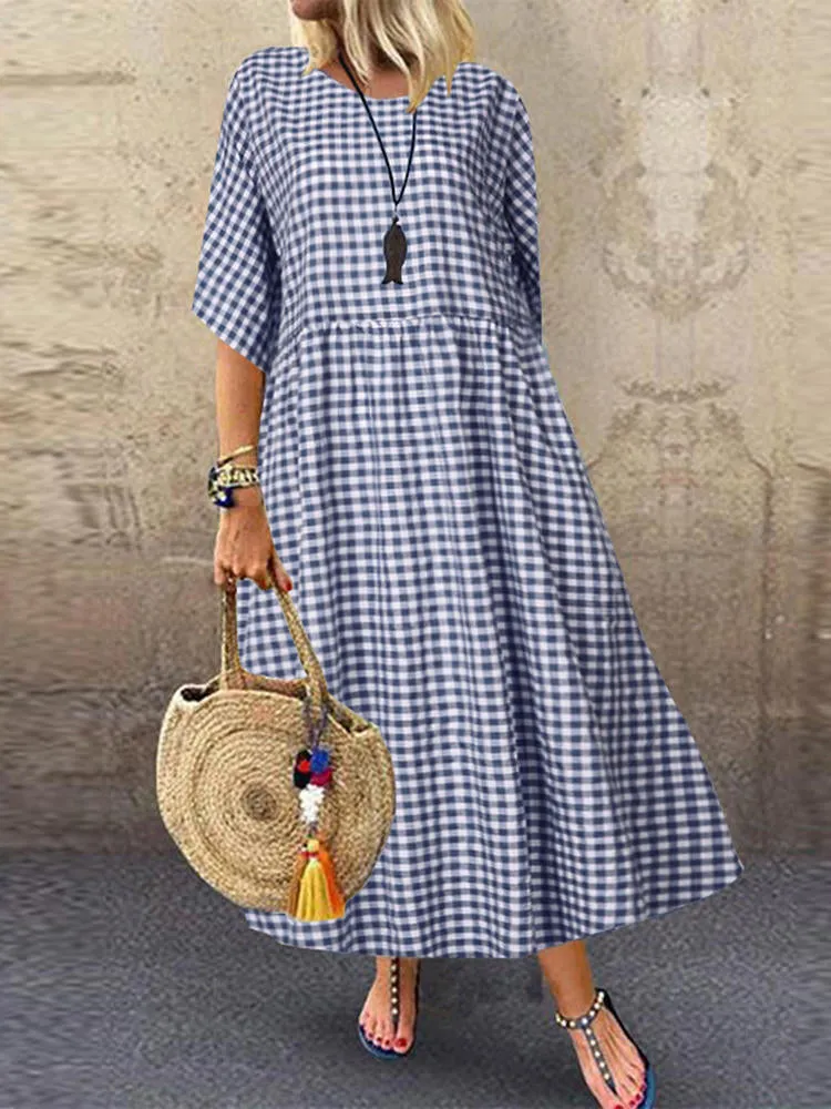 Casual Loose Plaid Print O-neck Half Sleeve Women Maxi Dress