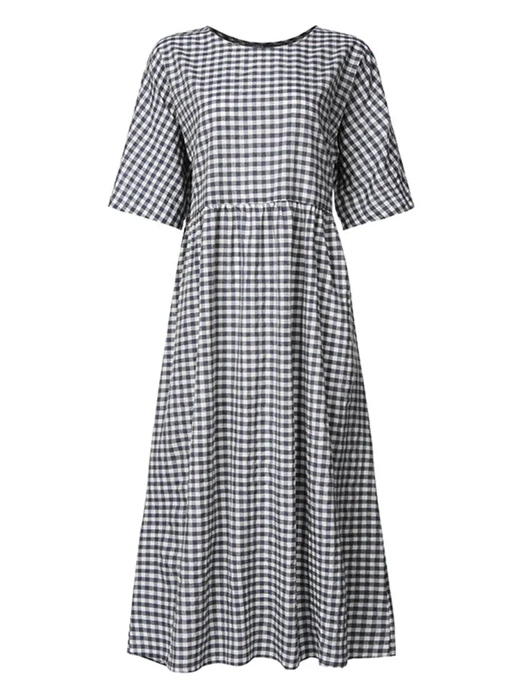 Casual Loose Plaid Print O-neck Half Sleeve Women Maxi Dress