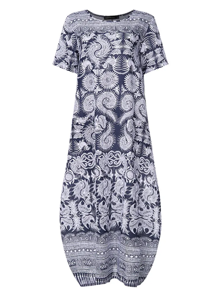 Casual Loose Printed Short Sleeve Pockets Women Maxi Dress
