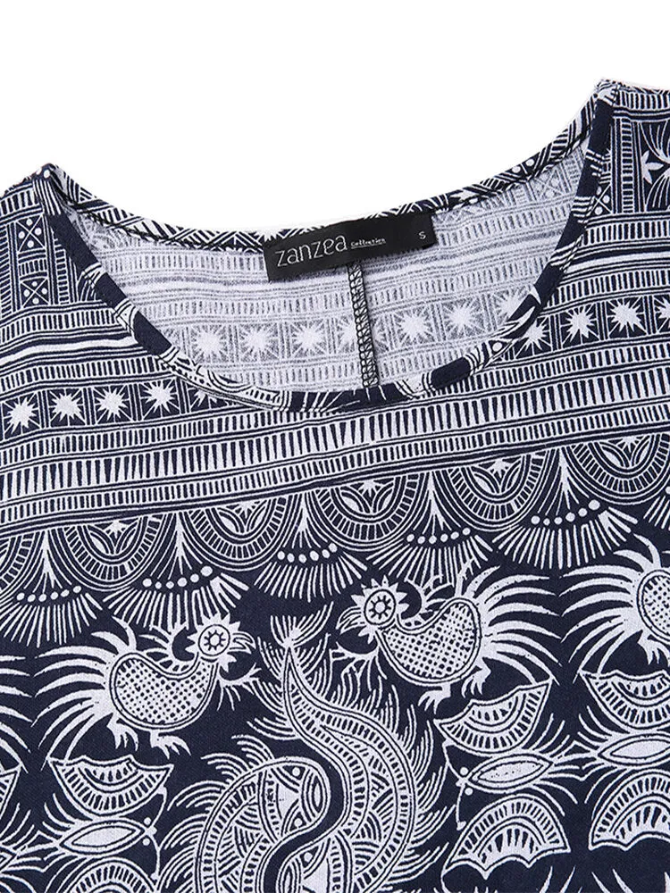 Casual Loose Printed Short Sleeve Pockets Women Maxi Dress
