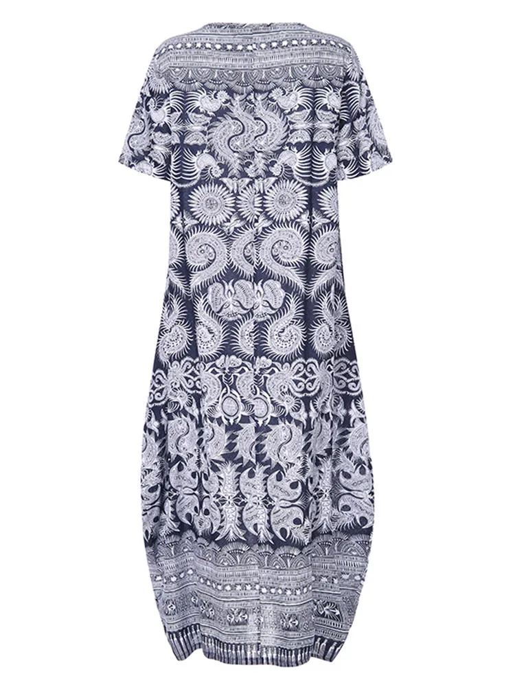 Casual Loose Printed Short Sleeve Pockets Women Maxi Dress